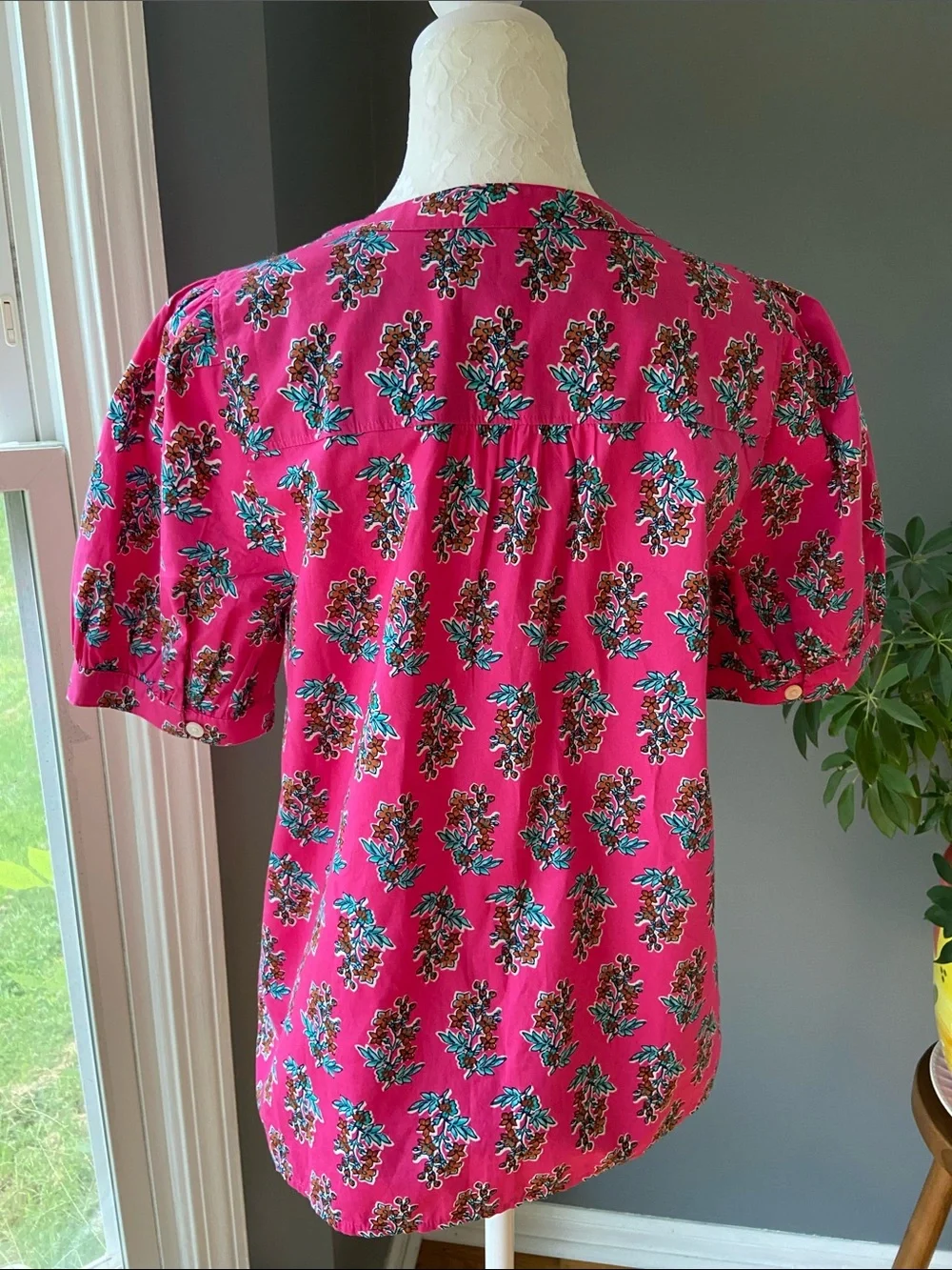 J. Crew Vibrant Pink Floral Split-V Neck Blouse